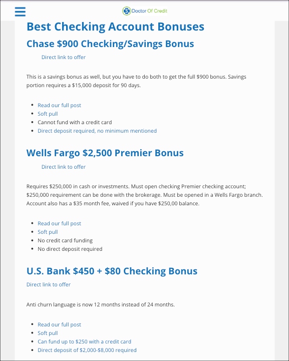Bank Bonuses for March list from Doctor of Credit Website