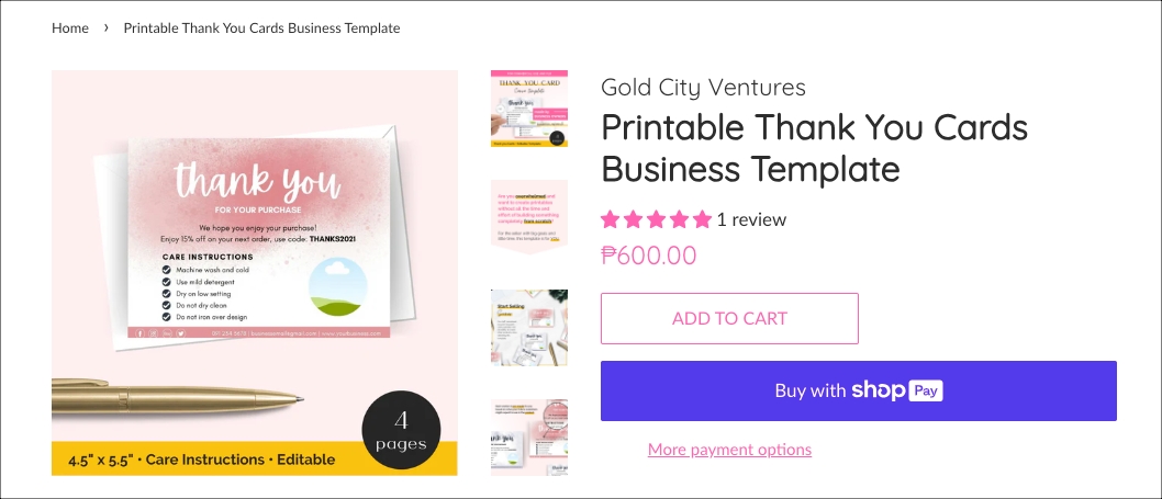 Thank You Business Card from Gold City Ventures Etsy Digital Products